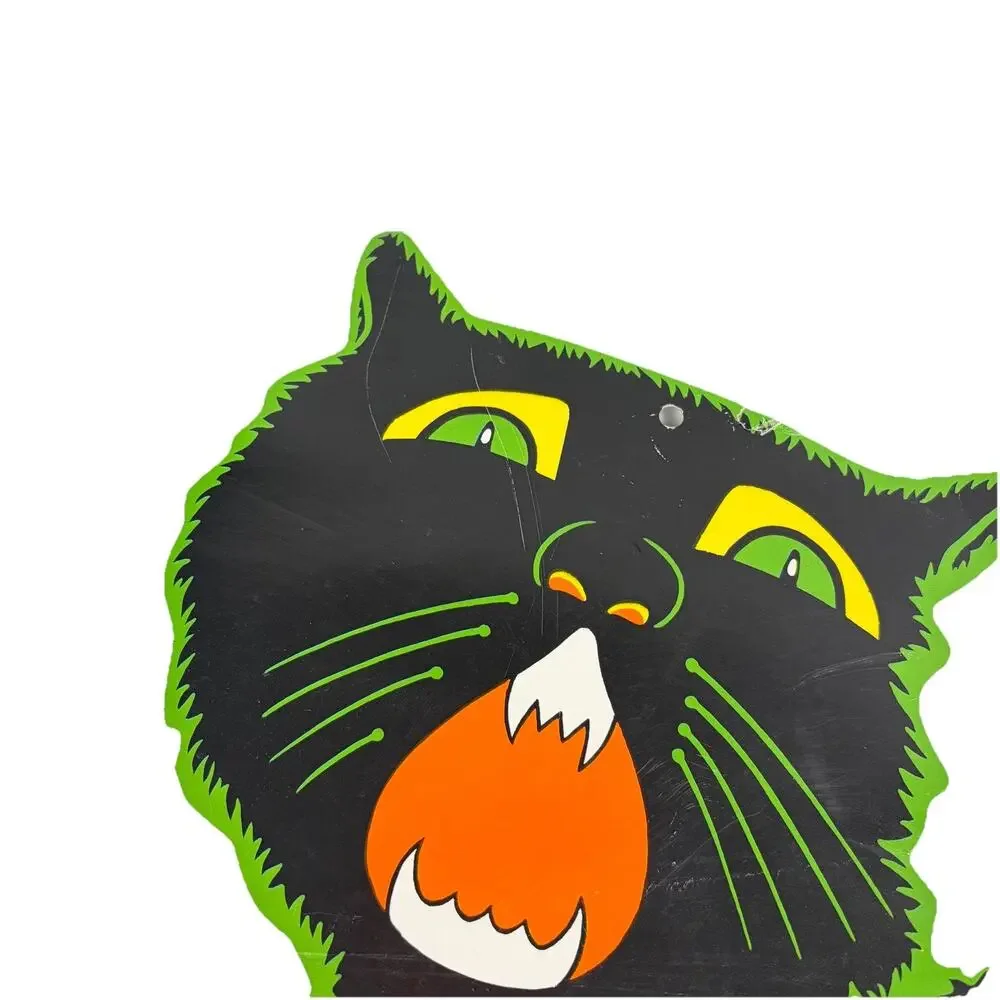 Vintage BEISTLE Halloween Yowling Hissing BLACK CAT Die Cut Double Sided 23”